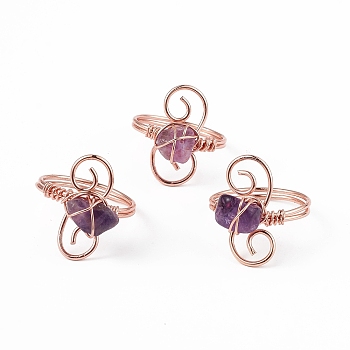 Natural Amethyst Chips with Vortex Finger Ring, Rose Gold Brass Wire Wrap Jewelry for Women, Inner Diameter: 18mm