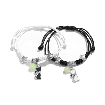 2Pcs 2 Color Alloy Enamel & Luminous Glow in the Dark Beads Charm Bracelets Set, Adjustable Couple Bracelets for Valentine's Day , Cat Shape, 8-1/4~12-5/8 inch(21~32cm), 1Pc/color