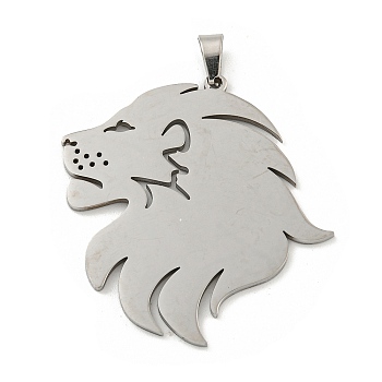 304 Stainless Steel Pendants, Laser Cut, Lion Charm, Stainless Steel Color, 35x36x1.5mm, Hole: 6x3mm