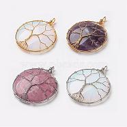 Brass Natural & Synthetic Mixed Stone Big Pendants, Flat Round with Tree of Life, 53~57x44~45x9~13mm, Hole: 3x5~6mm(G-E030-B)