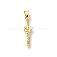 Rack Plating Brass Micro Pave Cubic Zirconia Pendants, Long-Lasting Plated, Lead Free & Cadmium Free, Sword Charms, Real 18K Gold Plated, 23.5x6.5x3mm, Hole: 4x3.5mm(KK-Z086-52G-01)