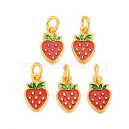 Rack Plating Alloy Enamel Charms, with Jump Rings, Cadmium Free & Nickel Free & Lead Free, Matte Gold Color, Strawberry, Red, 13x8x2mm, Jump Ring: 6x1mm, 3.5mm inner diameter(ENAM-N056-011)