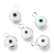 Handmade Evil Eye Lampwork Charms, with Brass Findings, Flat Round, Blue, Real Platinum Plated, 10x6.5x3mm, Hole: 1.5mm(KK-F764-13P-06)