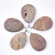 Electroplate Natural Druzy Geode Agate Pendants, with Brass Findings, teardrop, Platinum, Dark Salmon, 41~42x27~28x8~9mm, Hole: 4.5x4mm(G-S344-59B-06)