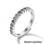Heart Rhodium Plated Sterling Silver with Colorful Cubic Zirconia Finger Rings for Women, Platinum, Inner Diameter: 18mm(ES9944-4)