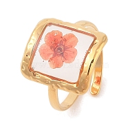 Square Ion Plating(IP) 304 Stainless Steel Open Cuff Rings for Women, with Epoxy Resin & Dried Flower inside, Golden, 15.5mm, Adjustable(RJEW-Z052-05G)