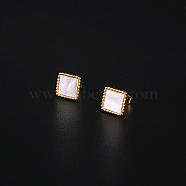 304 Stainless Steel Stud Earrings for Women, with Shell, Square, Real 18K Gold Plated, 11x11mm(YH6943-1)