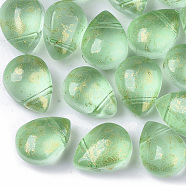 Transparent Spray Painted Glass Beads, Top Drilled Beads, with Glitter Powder, Frosted, Teardrop, Light Green, 12.5x9.5x7mm, Hole: 1mm(GLAA-T017-01-A01)