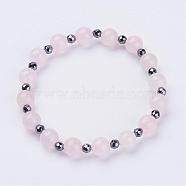 Natural Rose Quartz Stretch Bracelets, with Faceted Non-Magnetic Synthetic Hematite Beads, 2-1/4 inch(57mm)(BJEW-JB02856-01)