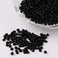 12/0 Opaque Colours Round Glass Seed Beads, Black, Size: about 2mm in diameter, hole:1mm, about 3303pcs/50g(X-SEED-A010-2mm-49)