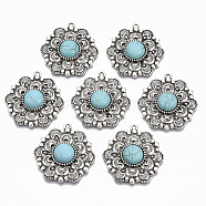 Tibetan Style Alloy Pendants, with Synthetic Turquoise, Cadmium Free & Lead Free,  Hexagon Flower, Antique Silver, 34.5x32.5x7mm, Hole: 1.6mm(PALLOY-R113-008-RS)