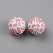 Printed Wood Beads, Animal Print Round, Pink, Cow Pattern, 15.5x14.5mm, Hole: 3.5mm(WOOD-SZC0001-07C)