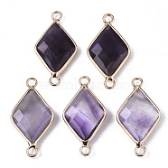 Natural Amethyst Links Connectors, with Edge Light Gold Plated Brass Findings, Faceted, Rhombus, 29~30x15x4mm, Hole: 2.5mm(G-S359-107I)