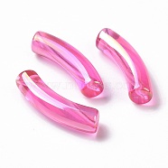 UV Plating Transparent Rainbow Iridescent Acrylic Beads, Curved Tube, Camellia, 32~33x10x8mm, Hole: 1.6mm(X-OACR-A016-01H)