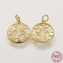 925 Sterling Silver Pendants, Flat Round with Tree of Life Tree, Golden, 16x14x2mm, Hole: 3mm(STER-K029-01G)