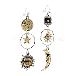 Alloy Moon & Sun & Star Asymmetrical Earrings, Tassel Long Drop Dangle Earrings for Women, Antique Silver & Antique Golden, 72mm, Pin: 0.7mm(EJEW-B015-03)