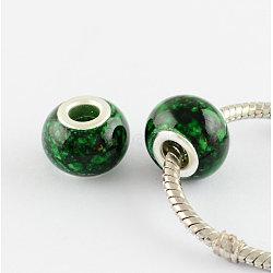 Spray Painted Glass European Beads, with Silver Color Plated Brass Core, Large Hole Beads, Rondelle, Green, 14~15x11mm, Hole: 4.5~5mm(GPDL-R007-S25)