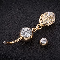 Piercing Jewelry, Brass Cubic Zirconia Navel Ring, Belly Rings, with 304 Stainless Steel Bar, Cadmium Free & Lead Free, Real 18K Gold Plated, Clear, 38x8mm, Bar Length: 3/8"(10mm), Bar: 14 Gauge(1.6mm)(AJEW-EE0003-35A)