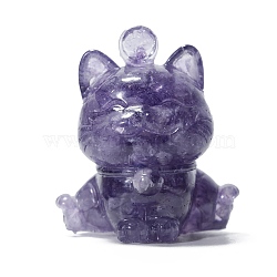 Resin Lucky Cat Display Decoration, with Natural Amethyst Chips inside Statues for Home Office Decorations, 45x40x50mm(PW-WG24101-06)