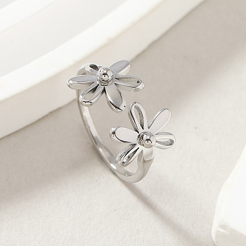 304 Stainless Steel Open Cuff Rings for Women, Flower, Stainless Steel Color, US Size 9(18.9mm)