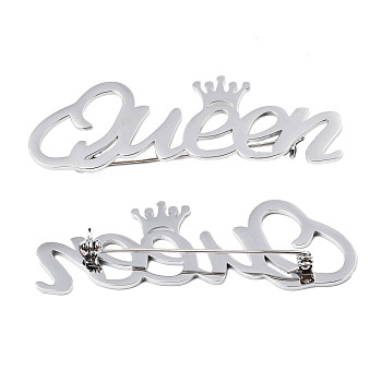 201 Stainless Steel Word Queen with Crown Lapel Pin, Creative Badge for Backpack Clothes, Nickel Free & Lead Free, Stainless Steel Color, 20x64x7mm, Pin: 0.7mm