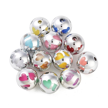 UV Plating Rainbow Iridescent Acrylic Beads, Round, Heart, 15~15.5mm, Hole: 2.5mm