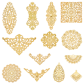 DIY Jewelry Making Finding Kit, Including 104Pcs 13 Styles Iron Filigree Joiners & Pendants, Etched Metal Embellishments, Flower & Square & Rhombus, Golden, 27~80.5x26~76x0.5~2mm, Hole: 1.4~3mm, 8Pcs/style