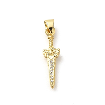 Rack Plating Brass Micro Pave Cubic Zirconia Pendants, Long-Lasting Plated, Lead Free & Cadmium Free, Sword Charms, Real 18K Gold Plated, 23.5x6.5x3mm, Hole: 4x3.5mm