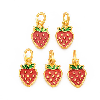 Rack Plating Alloy Enamel Charms, with Jump Rings, Cadmium Free & Nickel Free & Lead Free, Matte Gold Color, Strawberry, Red, 13x8x2mm, Jump Ring: 6x1mm, 3.5mm inner diameter