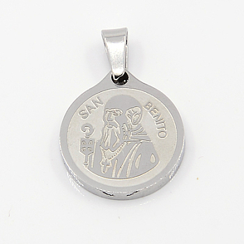Fashionable 304 Stainless Steel Pendants, Flat Round with San Benito, Stainless Steel Color, 20x18x2mm, Hole: 3x5mm