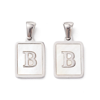 304 Stainless Steel Pave Shell Pendants, Rectangle Charm, Stainless Steel Color, Letter B, 17.5x12x1.5mm, Hole: 3x5mm