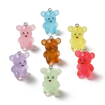 Acrylic Pendants, with Iron Ring, Glow in the Dark, Bear, Mixed Color, 27x19x17mm, Hole: 2mm