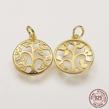 925 Sterling Silver Pendants, Flat Round with Tree of Life Tree, Golden, 16x14x2mm, Hole: 3mm