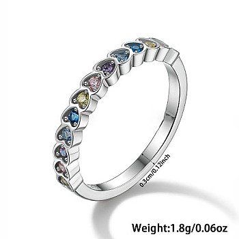 Heart Rhodium Plated Sterling Silver with Colorful Cubic Zirconia Finger Rings for Women, Platinum, Inner Diameter: 18mm