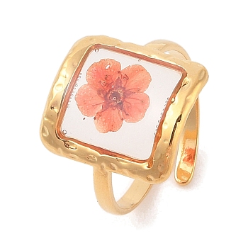 Square Ion Plating(IP) 304 Stainless Steel Open Cuff Rings for Women, with Epoxy Resin & Dried Flower inside, Golden, 15.5mm, Adjustable