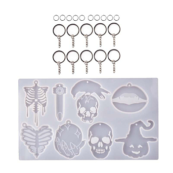 DIY Silicone Halloween Theme Pendant Molds & Keychain & Jump Ring Set, Resin Casting Molds, For UV Resin, Epoxy Resin Jewelry Making, Pumpkin/Skeleton/Lip, White, 150x254x65mm