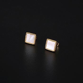 304 Stainless Steel Stud Earrings for Women, with Shell, Square, Real 18K Gold Plated, 11x11mm