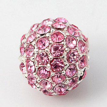 Alloy Rhinestone Beads, Grade A, Round, Silver Color Plated, Light Rose, 10mm, Hole: 2mm