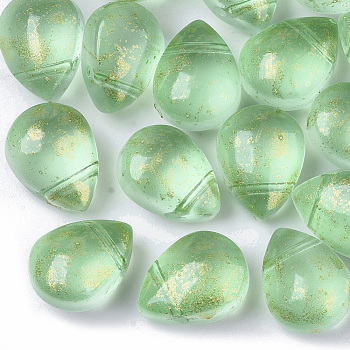 Transparent Spray Painted Glass Beads, Top Drilled Beads, with Glitter Powder, Frosted, Teardrop, Light Green, 12.5x9.5x7mm, Hole: 1mm