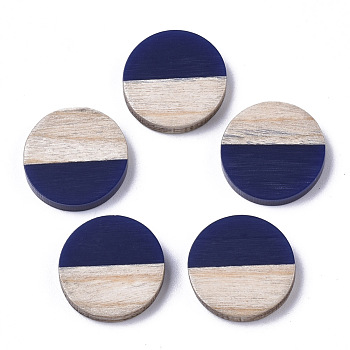 Resin & Wood Cabochons, Flat Round, Two Tone, Prussian Blue, 15x3.5mm