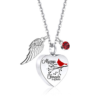 Heart with Wing Urn Ashes Pendant Necklace, Stainless Steel Memorial Jewelry for Men Wom, Red, 21.65 inch(55cm)