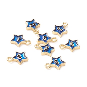 Rack Plating Eco-friendly Brass Enamel Charms, Long-Lasting Plated, Real 18K Gold Plated, Cadmium Free & Nickel Free & Lead Free, Star, Blue, 8.5x6.5x1.5mm, Hole: 1mm