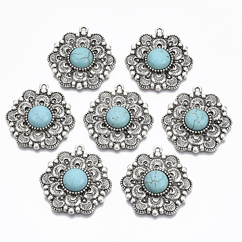 Tibetan Style Alloy Pendants, with Synthetic Turquoise, Cadmium Free & Lead Free,  Hexagon Flower, Antique Silver, 34.5x32.5x7mm, Hole: 1.6mm