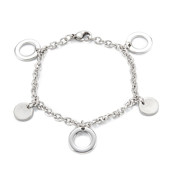 304 Stainless Steel Charm Bracelets, Rings, Stainless Steel Color, 7-1/8 inch(18.2cm)