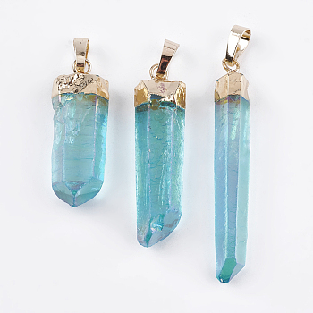 Electroplated Natural Quartz Crystal Pendants, with Brass Finding, Golden, Aqua, 32~48x8~12x6.5~11.5mm, Hole: 5x6mm