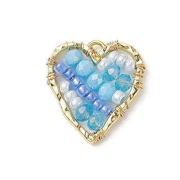 Japanese Seed & Glass Beaded Pendant, with Real 18K Gold Plated Alloy Findings, Heart, Sky Blue, 22.5x21x4mm, Hole: 1.5mm