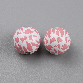 Printed Wood Beads, Animal Print Round, Pink, Cow Pattern, 15.5x14.5mm, Hole: 3.5mm