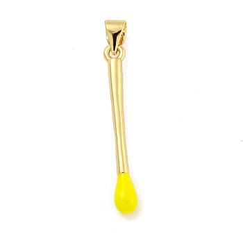 Real 18K Gold Plated Brass Pendants, with Enamel, Stick Charm, Yellow, 29x3.5mm, Hole: 3.5mm