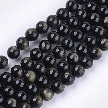 Natural Golden Sheen Obsidian Beads Strands, Grade A, Round, 8mm, Hole: 1mm, about 23~25pcs/strand, 7.6 inch