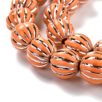 Autumn Theme Grooved Resin Beads Strands, Silver Metal Enlaced, Pumpkin, Dark Orange, 10~12mm, Hole: 3mm, about 32pcs/strand, 13.78''(35cm)